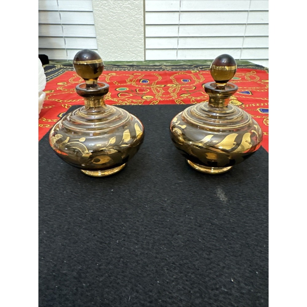 Vintage Glass Perfume Bottle Irice Czech. Brown Gold Gilt Stopper Vanity Lot 2